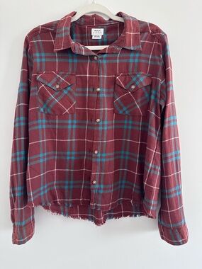 RVCA Burgundy Plaid Button-Up Shirt with Teal Stripes